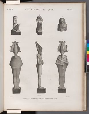 Collection d'antiques. 1-5. Figures en bronze; 6. Buste en basalte gris.