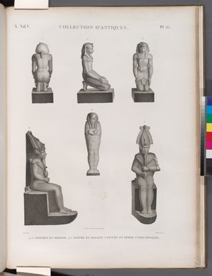 Collection d'antiques. 1-3. Figures en bronze; 4.5. Figure en basalte; 6. Figure en terre cuite émaillée.
