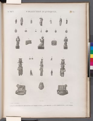 Collection d'antiques. 1-3.12.13-30. Figures et amulettes en terre cuite; 4-9. en bronze; 10.11. en serpentine; 21. en verre.