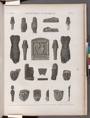 Collection d'antiques. 1.2. Figures en pâte de porcelaine; 3-6.9.10.21.22. en bois peint; 7.8.12-15. en basalte; 11. bas-reliefs en pierre; 16.17.20.23. Masques en terre; 18.19. en bronze.