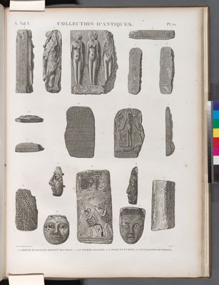 Collection d'antiques. 1-6. Groupe en basalte apporté des oasis; 7-11. en pierre ollaire; 12-15. Masques en bois; 16-18. Enveloppes de momies.