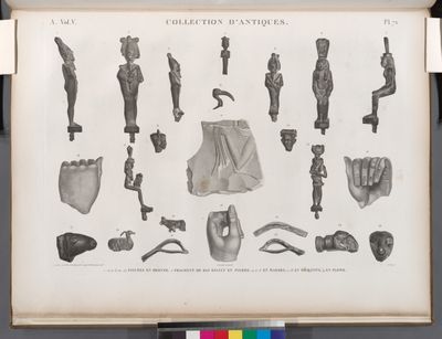 Collection d'antiques. 1-10.12.13.20-24. Figures en bronze; 11. Fragment de bas-relief en pierre; 14-16. en marbre; 17.18. en hématite; 19. en plomb.