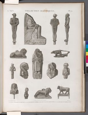 Collection d'antiques. 1-3.7.8.12.15. Figures en bronze; 4.5.9.10. Figures en pierre schisteuse et en serpentine; 6.11.13.14. Figures en terre cuite.