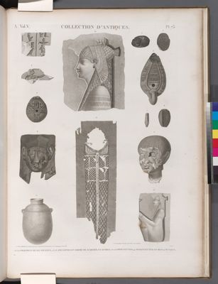 Collection d'antiques. 1.4.13.14. Fragmens de bas-reliefs; 2.3.7.8. Amulettes en forme de scarabée et autres; 5.6.12. Lampes et vase; 9.11. Masque et tête en bois; 10. Tunique.