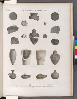 Collection d'antiques. 1-3.6.7.10.11.17.20. Vases antiques de la Haute Égypte; 8.16. Autres vases; 4.5.9.12. Verres colorés et porcelaine antiques; 13-15.18.19. Pots de momie et lampes trouvés à Saqqârah, Thèbes et Denderah.