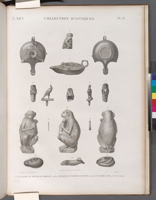 Collection d'antiques. 1-6. Lampe et figure en bronze; 4.7-9. Figures en pierre calcaire; 10-12.14-17. en terre cuite; 13. en cuivre.