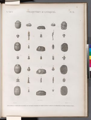 Collection d'antiques. Amulettes en forme de scarabées et diverses figures en terre cuite, en argent, en hématite et autres pierres dures.