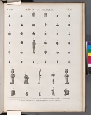 Collection d'antiques. 1.3-18. Pierres gravées en améthyste, jaspe, agathe, cornaline, lapis-lazuli et grenat; 2. en verre; 19.20.23-36. Amulettes en scarabée et autres; 21.22.37-46. Figures en terre cuite, en bois et en bronze.
