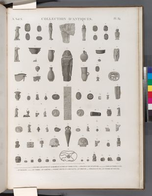 Collection d'antiques. 1-4.6-14.20.21.23.26-34.40-42.44.45.49-55.57.64.67-75.77-82. Figures, amulettes en scarabée et autres, en terre cuite; 5.36. Fragmens de sculpture; 15.16.18.19.24.56.65.66. Vases en terre cuite; 17. en basalte; 22.38.39.76. en verre; 25. en albâtre; 35.37. Pierre gravée en cornaline; 43. en bronze; 46.47. Médaille en or; 48. en pierre de touche.