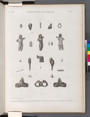 Collection d'antiques. 1. Amulette en cornaline; 4.5.9-12.16-20. Amulettes et figures en terre cuite; 2.3. en jade; 6-8.13.14.21-24. en bronze; 15. en stéatite.