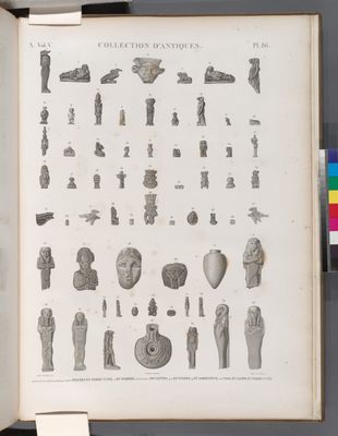 Collection d'antiques. 1-19.21.27.29.30.32.34.36.38-41.43.46.48.49.51.62.64.65. Figures en terre cuite; 20. en marbre; 28.31.35.37.44.45. Amulettes; 42.47. en pierre; 49. en serpentine; 50.63. Vase et lampe en terre cuite.