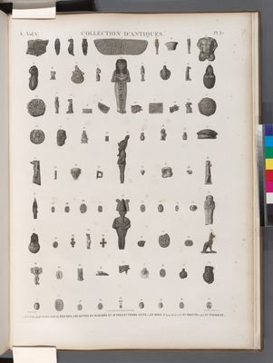 Collection d'antiques. 1-13.15-37.40-44.48-56.58.61-64.66-84. Figures, amulettes en scarabée et autres, en terre cuite; 14. en bois; 38.39.45-47.57.65. en bronze; 59.60 en en émeraude.