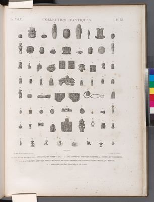 Collection d'antiques. 1.2.7-31.33-36.38.39.41.44.46.47.49.52-65.68-70. Amulettes en terre cuite; 3.6.45.51. Amulettes en forme de scarabée; 4.5. Figure en terre cuite; 32.37.48.50. Fragmens à fond de couleur émaillé, et verres colorés avec hiéroglyphes en blanc; 40. en bronze; 66.67. Pierres gravées, trouvées en Syrie.