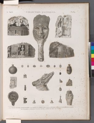 Collection d'antiques. 1.3-5. Toiles peintes; 2. Masque en bois; 6.14.28. Objets en terre cuite; 7-13.16.18-27.29. Diverses figures et amulettes en forme de scarabées; 15. Fragment de bas-relief; 17. Tête de boeuf en pierre.