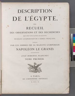 Description de l'Égypte, ... État moderne. Planches. Tome première. Vol. 1, [Title page]