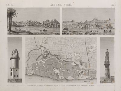Asouan [Aswân], Esné [Isnâ]. 1.2. Vues des environs d'Asouan ou Syene [Aswân]; 3.4. Plan et minaret d'Esné [Isnâ]; 5. Minaret de Syout [Asyût].