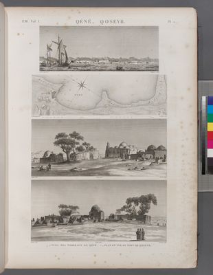 Qéné [Qinâ], Qoseyr [Qusayr]. 1.2. Vue des tombeaux de Qéné; 3.4. Plan et vue du port de Qoseyr.
