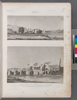 Syout [Asyût]. 1. Vue des environs de la ville pendant l'inondation; 2. Vue d'un pont situé à l'entrée de la ville.