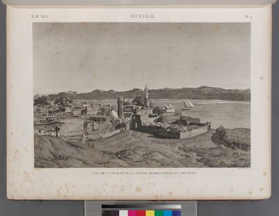 Minyeh [Minyâ]. Vue de la ville et de la chaine arabique, prise du couchant.