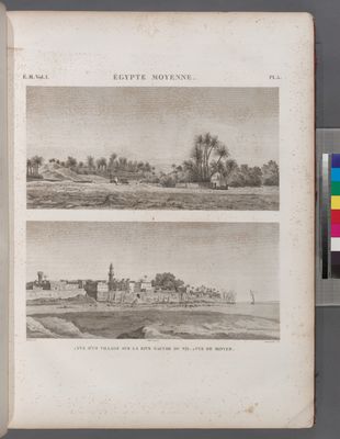 Égypte Moyenne. 1. Vue d'un village sur la rive gauche du Nil; 2. Vue de Minyeh [Minyâ].