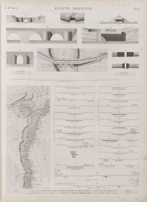 Égypte Moyenne. 1-28. Plan et profils du Bahr Yousef, du Bathen et de plusieurs canaux qui en dépendent; 29.30. Profils de la vallée; 31-36. Ponts et digues d'irrigation; 37-39. Pont-canal à Etqâ.