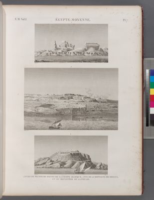 Égypte Moyenne. 1.3. Vues de plusieurs points de la Chaine Arabique; 2. Vue de la montagne des oiseaux, et du monastère de la poulie.