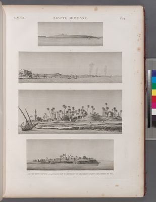 Égypte Moyenne. 1. Vue de Beny-Soueyf [Banî Suwayf]; 2-4. Vue de Myt-Rahyneh [Mît Ruhaynah] et de plusieurs points des bords du Nil.