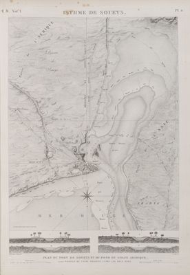 Isthme de Soueys [Isthmus of Suez]. Plan du port de Soueys et du fond du Golfe Arabique. I-IV. Profils du canal projeté entre les deux mers.