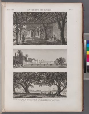 Environs du Kaire [Cairo]. 1. Vue de petit bras du Nil vis-à-vis de l'île de Roudah [el-Rôda]; 2. Vue de l'Allée des Sycomores dans l'île de Roudah [el-Rôda]; 3. Vue de Jardin de Mourâd Bey à Gyzeh [Jîzah].