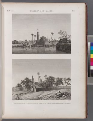 Environs du Kaire [Cairo]. 1. Vue de Vieux Kaire; 2. Vue d'un santon ou Tombeau de Cheykh et de l'aqueduc de la Citadelle.