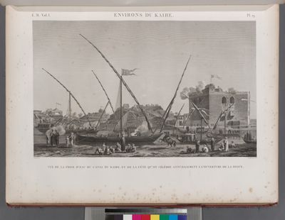 Environs du Kaire [Cairo]. 1. Vue de la prise d'eau du canal du Kaire, et de la fête qu'on célèbre annuellement à l'ouverture de la digue.