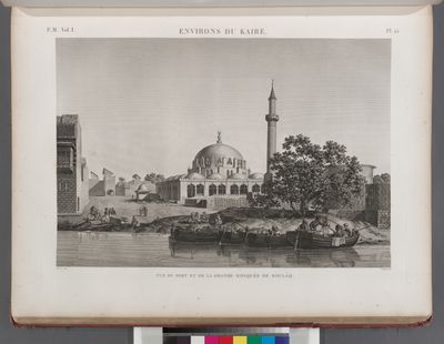 Environs du Kaire [Cairo]. Vue du port et de la grande mosquée de Boulâq.
