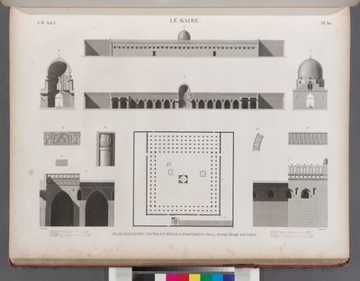 Le Kaire [Cairo]. Plan, élévation, coupes et détails d'ornement de la Mosquée de Touloun.