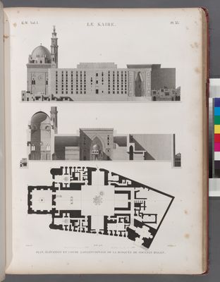 Le Kaire [Cairo]. Plan, élévation et coupe longitudinale de la Mosquée de Soultân Hasan.