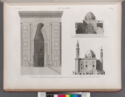 Le Kaire [Cairo]. 1.2. Élévation et coupe transversale de la Mosquée de Soultân Hasan; 3. Détail de la porte d'entrée.