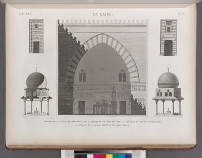 Le Kaire [Cairo]. 1.Portion de la coupe transversale de la Mosquée de Soultân Hasan; 2.3. Détails des portes intérieures; 4.5. Détails du pavillon destiné aux ablutions.