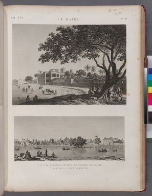 Le Kaire [Cairo]. 1. Vue du quartier général de l'armée française; 2. Vue de la place Ezbekyeh [Ezbekîya].
