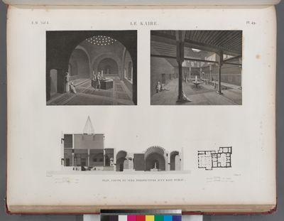 Le Kaire [Cairo]. Plan, coupe et vues perspectives d'un bain public.
