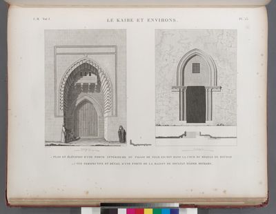 Le Kaire [Cairo] et environs. 1. Plan et élévation d'une porte intérieure du palais de Negm ed-Din dans la cour du Meqyas de Roudah [el-Rôda]; 2.3. Vue perspective et détail d'une porte de la maison de Soultan Dâher Beybars.