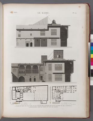 Le Kaire [Cairo]. 1.2. Plans du rez de chaussée et du 1-er étage de la maison de Hasan Kâchef ou de l'institut; 3.4. Élévations sur la cour et sur le jardin.