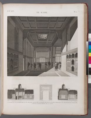 Le Kaire [Cairo]. 1-3. Coupes et vue intérieure d'une grande salle de la maison de Hasan Kâchef, destinée aux séances de l'institut; 4. Détail d'une porte de la cour.
