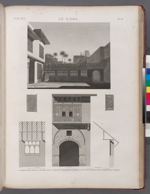 Le Kaire [Cairo]. 1-3. Porte d'entrée et détails de la maison de Hasan Kâchef; 4-6. Vue et détails de la treille du jardin.