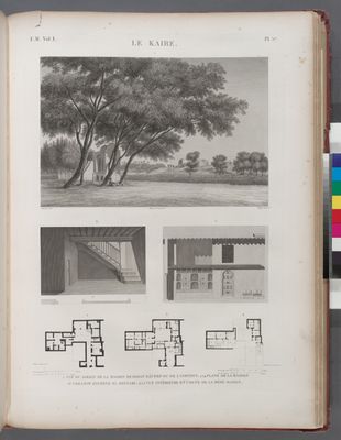 Le Kaire [Cairo]. 1. Vue du jardin de la maison de Hasan Kâchef ou de l'institut; 2-4. Plans de la maison d'Ybrâhym Kykheyd el-Sennary; 5-6. Vue intérieure et coupe de la même maison.