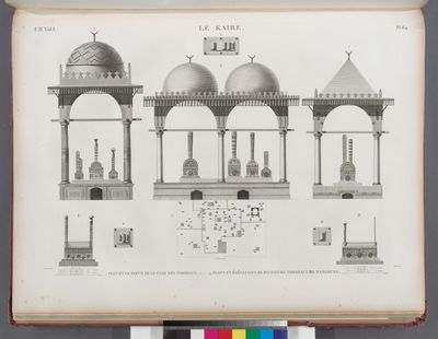 Le Kaire [Cairo]. 1. Plan d'une partie de la ville des tombeaux; 2-9. Plans et élévations de plusieurs tombeaux de Mamlouks.