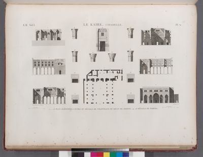 Le Kaire [Cairo] (Citadelle). 1-13. Plan, élévations, coupes et détails de chapiteaux du Divan de Joseph; 14-18. Détails de portes.