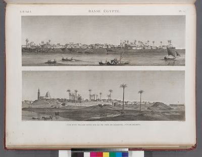 Basse Égypte. 1. Vue d'un village situé sur le Nil près de Damiette [Damietta]; 2. Vue de Belbeys.