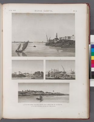 Basse Égypte. 1-3. Vues de trois villages situés sur la branche de Damiette [Damietta]; 4. Vue de la pêche sur le lac Menzaleh [Manzaleh].