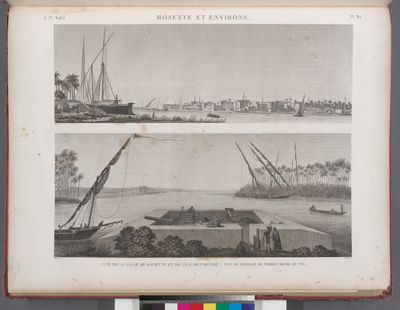 Rosette [Rosetta] and environs. 1.2. Vue de la ville de Rosette et de l'île de Farcheh; 2. Vue de Boghâz ou embouchure du Nil.