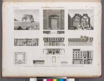 Rosette [Rosetta] and environs. 1-10. Plans, élévations et détails de plusieurs maisons de Rosette; 11.12. Vues de plusieurs tombeaux des environs.