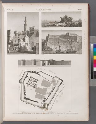Alexandrie [Alexandria]. 1-3. Vues du Chateau du Phare et du rocher du Diamant; 4.5. Plan et élévation du Chateau du Phare.